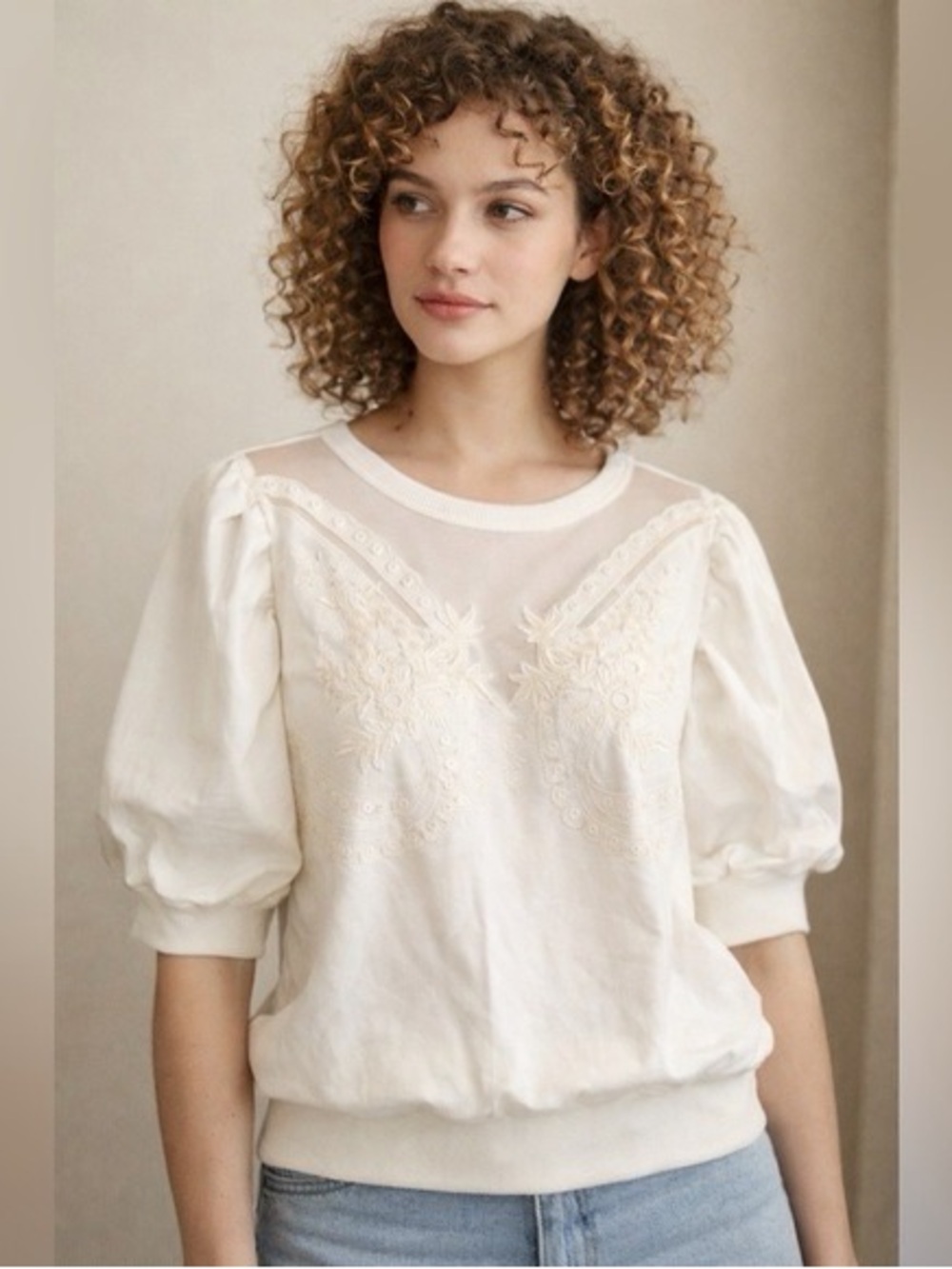 Jason Wu Cream Embroidered Puff-Sleeve Top